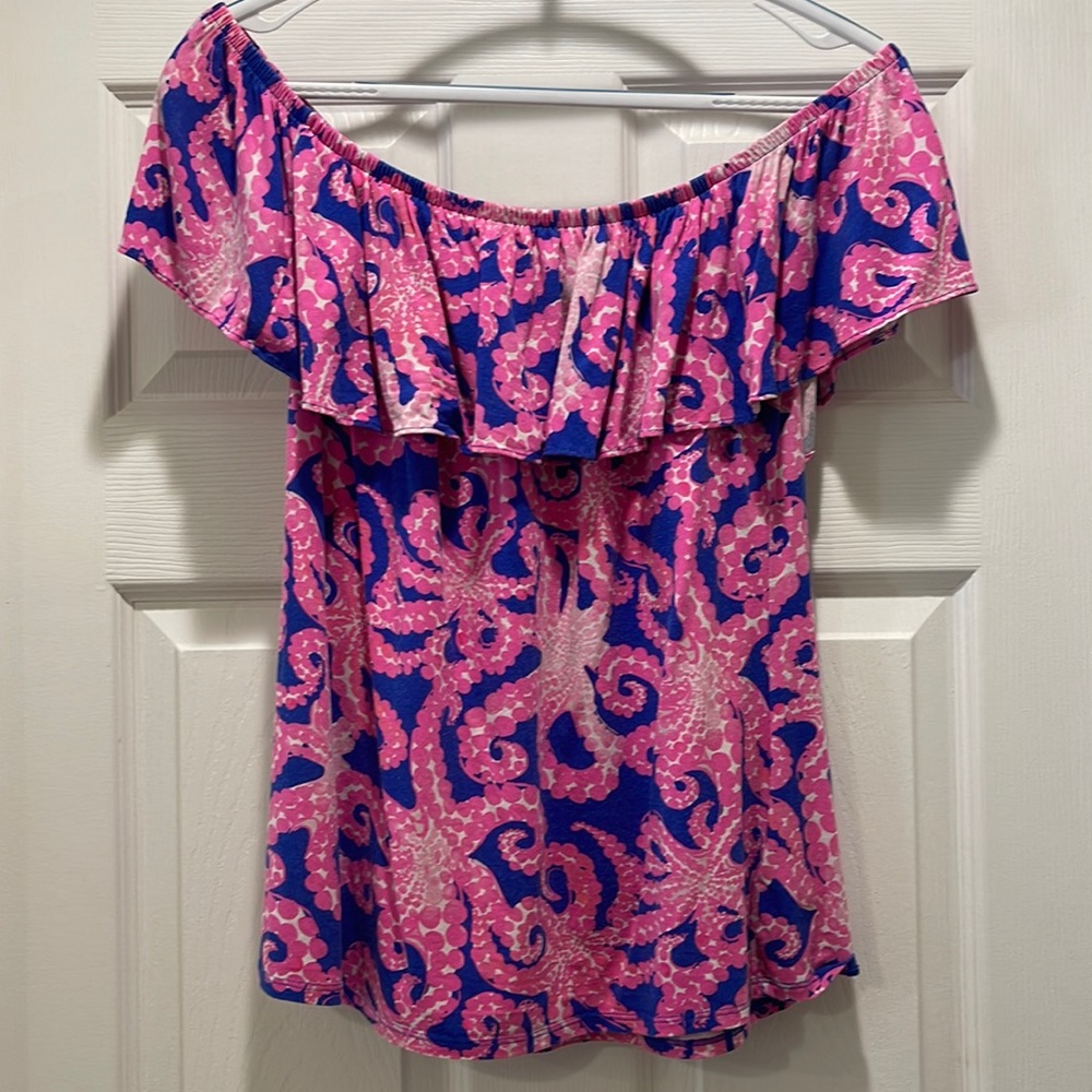 Lilly Pulitzer Pink and Blue Off-Shoulder Ruffle Top